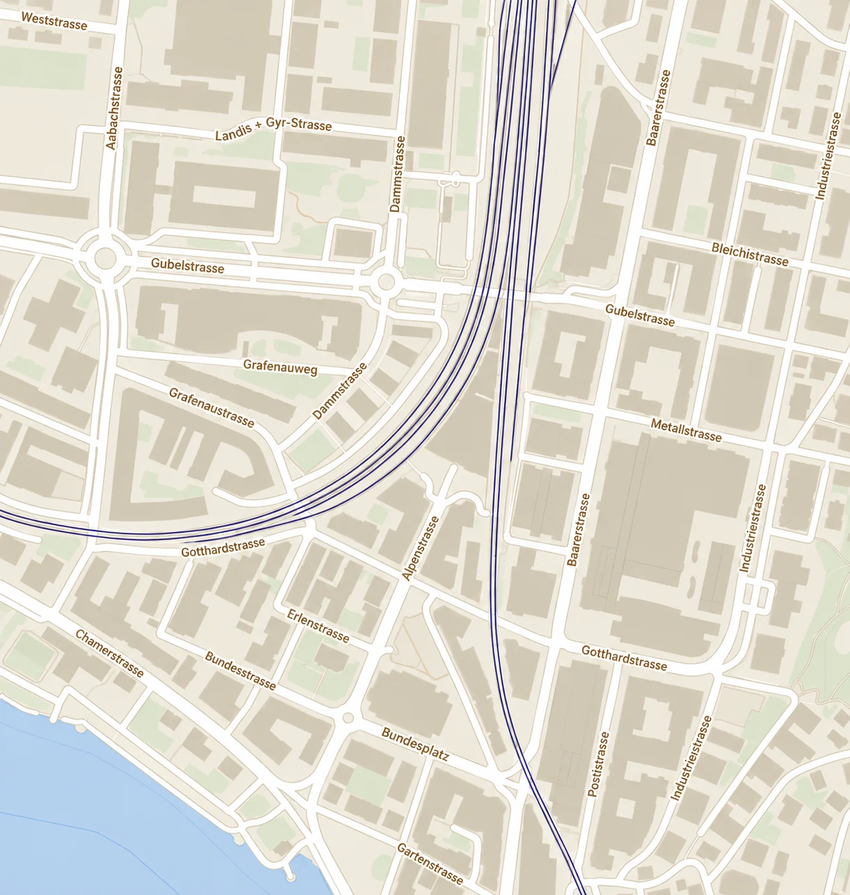 Karte von Zug mit den beiden Lakeside-Standorten Gotthardstrasse 26 und Landis + Gyr-Strasse 1