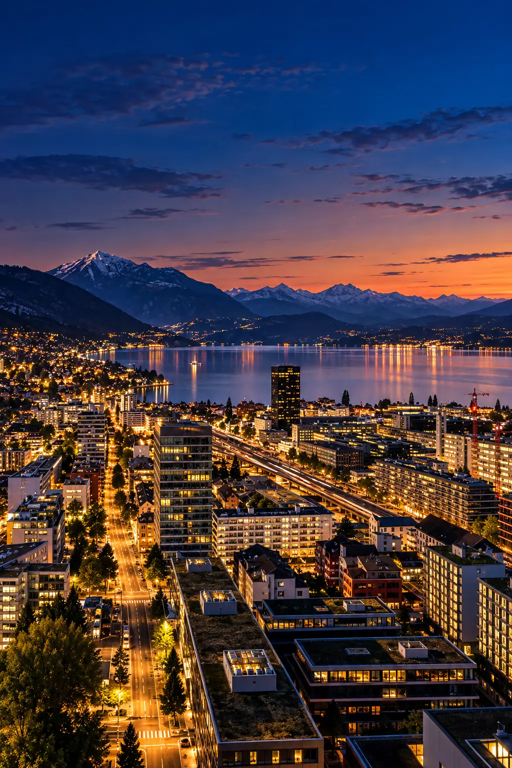 Zug am Abend mit Zugersee und Alpen